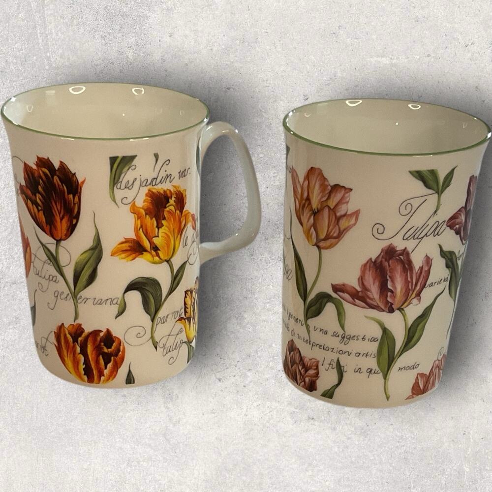 2 Rose of England fine bone China Cup Mug Green Rim Tulip Design PARROT TULIP